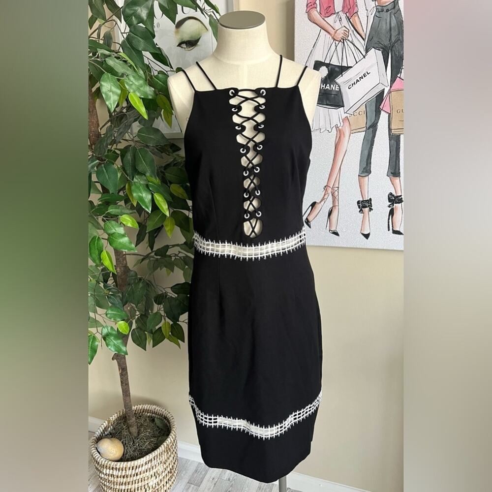 Venus Womens Black & White Criss Cross Strappy Cut Out Sheath Dress Size 10 - Picture 2 of 8